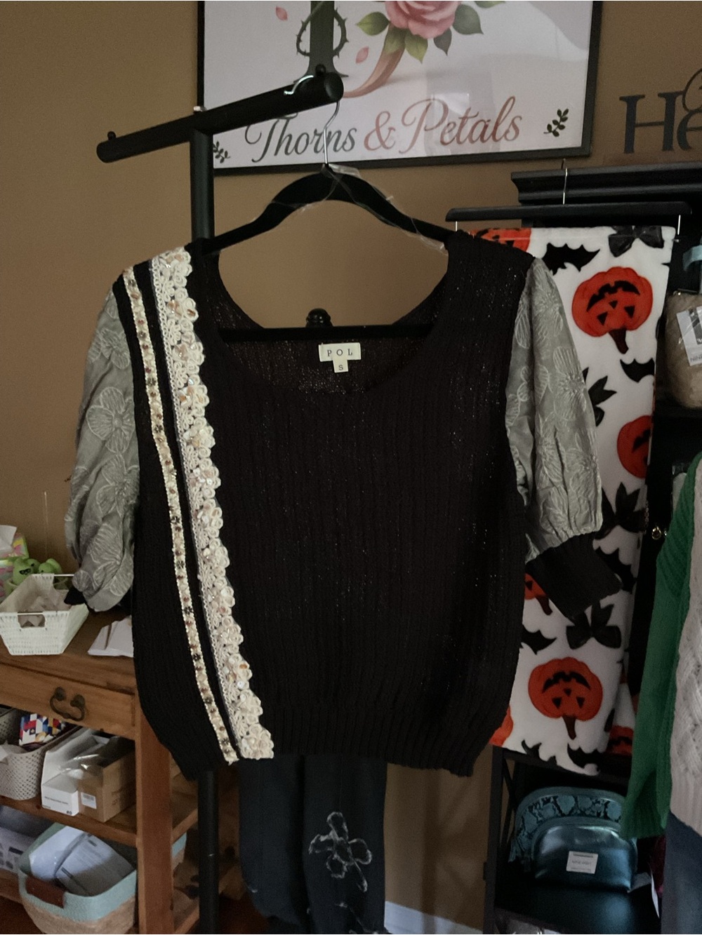 POL Women's Black Knit Top with Gray Puff Sleeves and Lace Trim